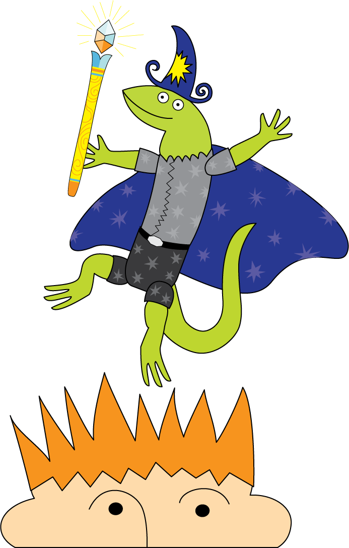 Wizard Lizard dancing on Daddy's head illustration by Rick Clement